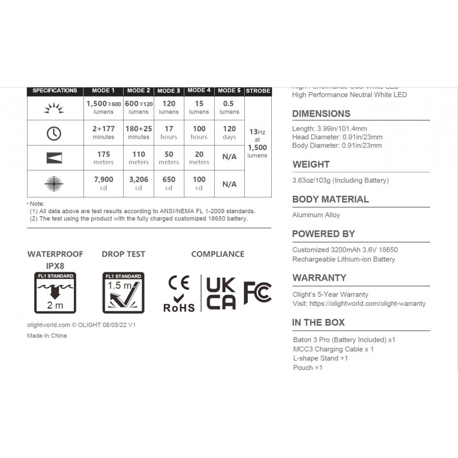 Olight Baton 3 Pro 1500lm CW Brush Strokes 22