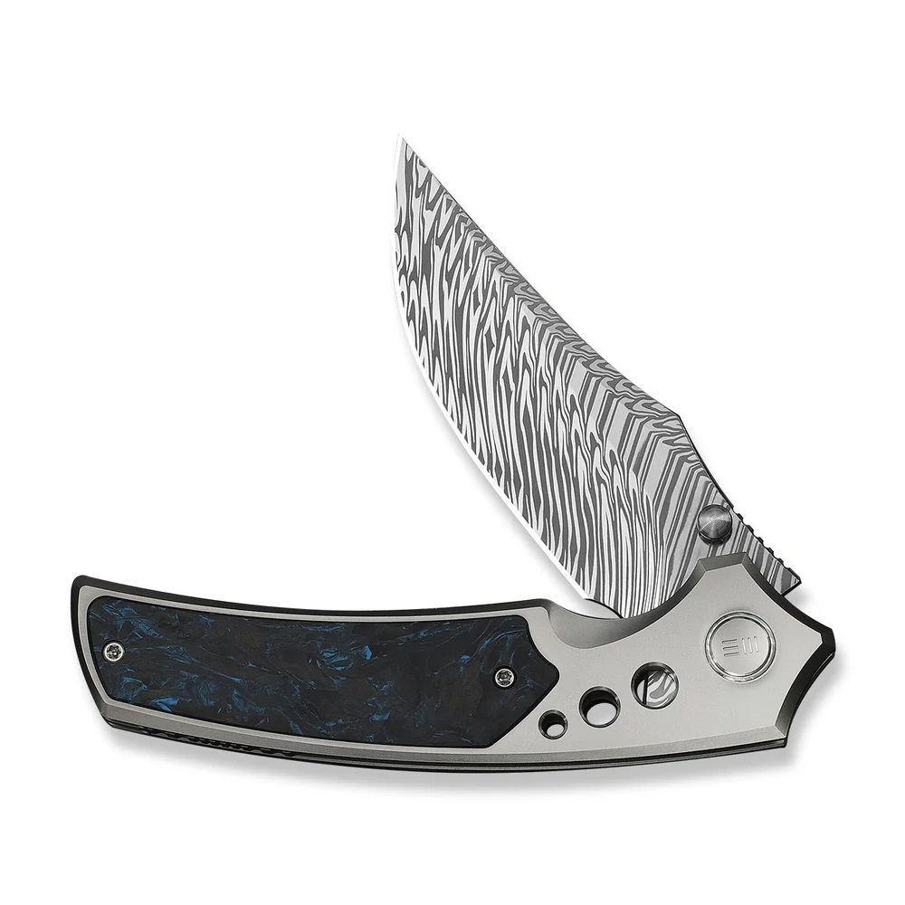 WEKNIFE Skynix Gray Titanium Handle With Black & Blue Carbon Fiber Inlay Damascus 2