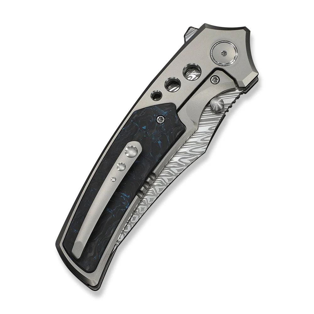 WEKNIFE Skynix Gray Titanium Handle With Black & Blue Carbon Fiber Inlay Damascus 4