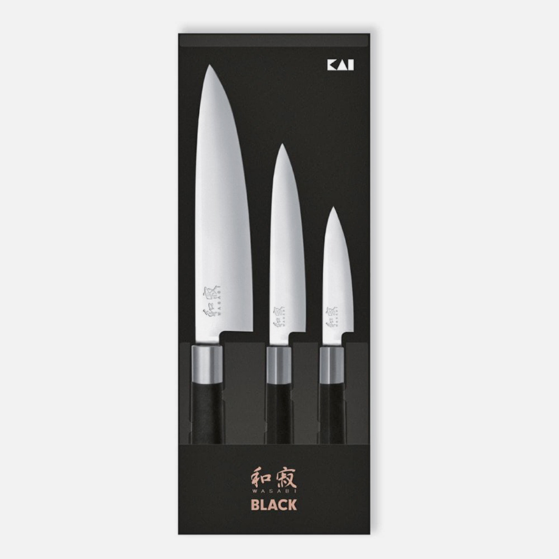 Комплект три ножа Wasabi Black KAI 67S-300 6A/1K6 стомана Черен полипропилен с бамбукова пудра